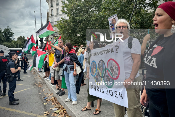 A demonstration is taking place in support of Palestine to stop the genocide of Palestinians and to exclude Israel from the Paris Olympics a...