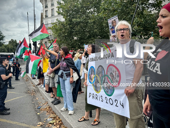 A demonstration is taking place in support of Palestine to stop the genocide of Palestinians and to exclude Israel from the Paris Olympics a...