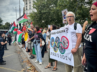 A demonstration is taking place in support of Palestine to stop the genocide of Palestinians and to exclude Israel from the Paris Olympics a...