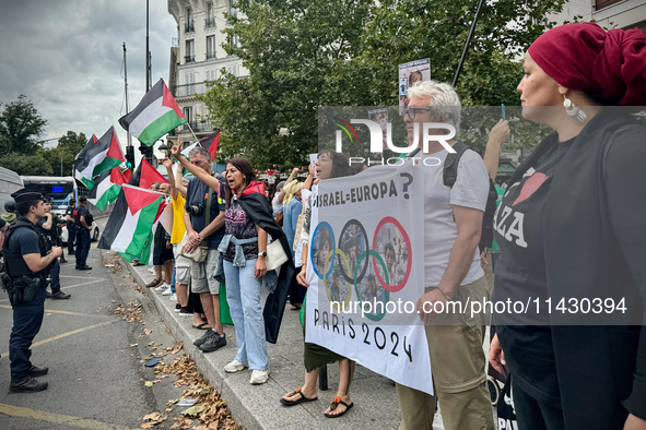 A demonstration is taking place in support of Palestine to stop the genocide of Palestinians and to exclude Israel from the Paris Olympics a...