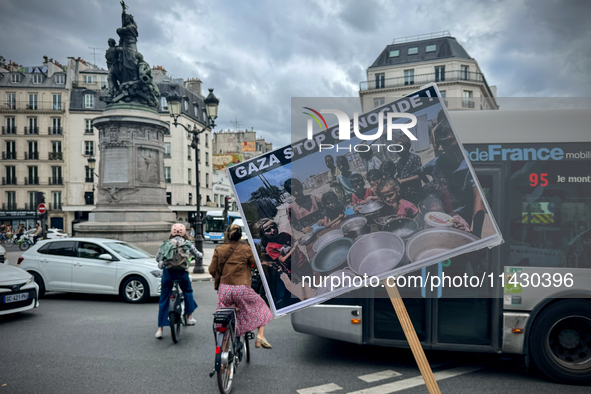 A demonstration is taking place in support of Palestine to stop the genocide of Palestinians and to exclude Israel from the Paris Olympics a...