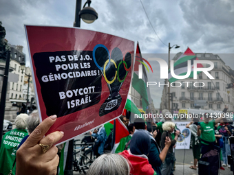 A demonstration is taking place in support of Palestine to stop the genocide of Palestinians and to exclude Israel from the Paris Olympics a...