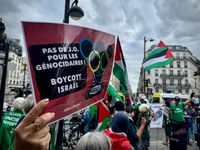 A demonstration is taking place in support of Palestine to stop the genocide of Palestinians and to exclude Israel from the Paris Olympics a...