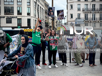 A demonstration is taking place in support of Palestine to stop the genocide of Palestinians and to exclude Israel from the Paris Olympics a...