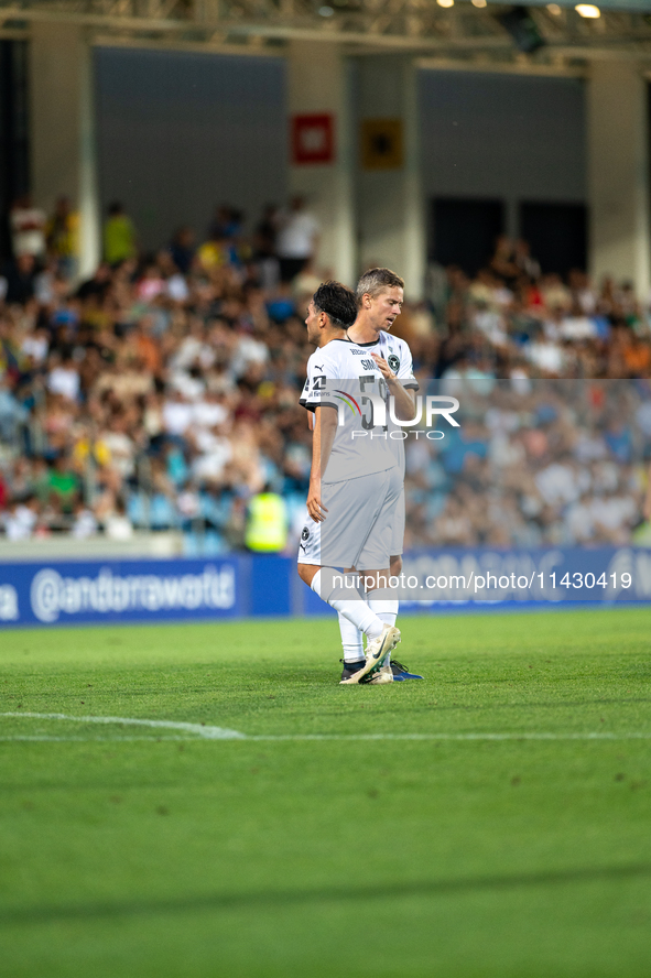 FC Midjylland DEN is celebrating after the first phase of the UEFA Champions League Qualification 2024-2025 match between UD Santa Coloma AN...