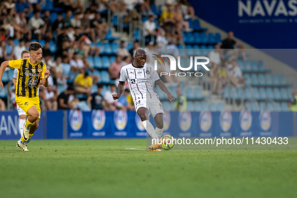 Edward Chilufya of FC Midtjylland is in action during the Second phase of UEFA Champions League Qualification 2024-2025 match between UD San...