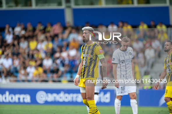 Christian Garcia of UE Santa Coloma is in action during the second phase of the UEFA Champions League Qualification 2024-2025 match between...