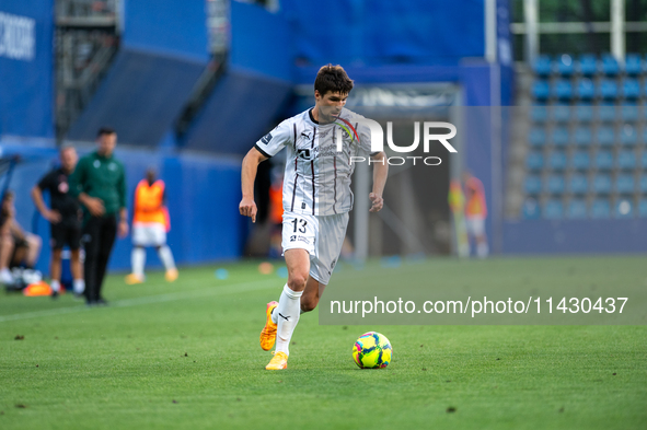 Adam Gabriel of FC Midtjylland is in action during the second phase of the UEFA Champions League Qualification 2024-2025 match between UD Sa...