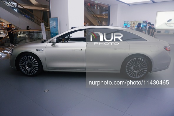 The Stelato 9, a smart luxury electric car, is being pictured at a Huawei store in Hangzhou, China, on July 24, 2024. 