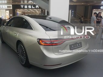 The Stelato 9, a smart luxury electric car, is being pictured at a Huawei store in Hangzhou, China, on July 24, 2024. (