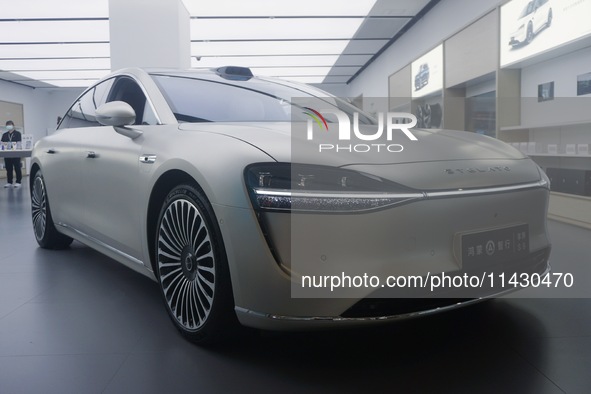 The Stelato 9, a smart luxury electric car, is being pictured at a Huawei store in Hangzhou, China, on July 24, 2024. 