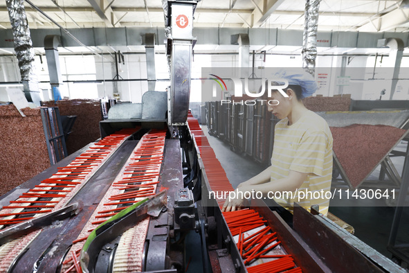 A worker is producing pencils at a production workshop in Suqian, Jiangsu province, China, on July 24, 2024. 