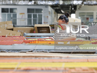 A worker is producing pencils at a production workshop in Suqian, Jiangsu province, China, on July 24, 2024. (