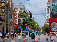 Tourists are traveling along the Nanjing Road pedestrian street in Shanghai, China, on July 24, 2024. (