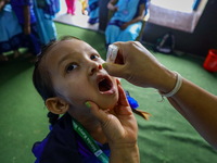 A Nepali health worker is administering 'OPV' to a child during a door-to-door immunization campaign following the government's special immu...