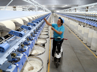 A worker is carrying out an inspection at a textile workshop in Aksu prefecture, Northwest China's Xinjiang Uygur autonomous region, on July...