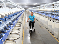 A worker is carrying out an inspection at a textile workshop in Aksu prefecture, Northwest China's Xinjiang Uygur autonomous region, on July...