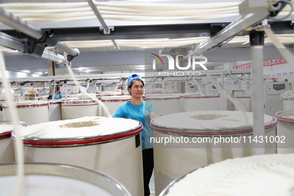 A worker is carrying out an inspection at a textile workshop in Aksu prefecture, Northwest China's Xinjiang Uygur autonomous region, on July...