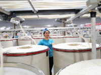 A worker is carrying out an inspection at a textile workshop in Aksu prefecture, Northwest China's Xinjiang Uygur autonomous region, on July...