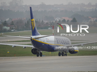 A Ryanair plane is taxiing on the airport tarmac at Lech Walesa Airport (EPGD) in Gdansk, Poland, on April 1, 2024. (