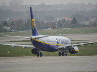 A Ryanair plane is taxiing on the airport tarmac at Lech Walesa Airport (EPGD) in Gdansk, Poland, on April 1, 2024. (