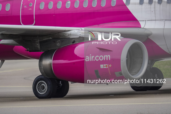 A Wizz Air plane is taxiing on the airport tarmac at Lech Walesa Airport (EPGD) in Gdansk, Poland, on April 1, 2024. 