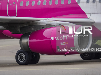 A Wizz Air plane is taxiing on the airport tarmac at Lech Walesa Airport (EPGD) in Gdansk, Poland, on April 1, 2024. (