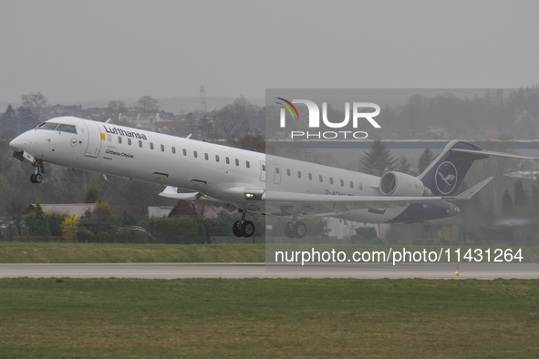 A Lufthansa plane is taking off from the airport tarmac at Lech Walesa Airport (EPGD) in Gdansk, Poland, on April 1, 2024. 