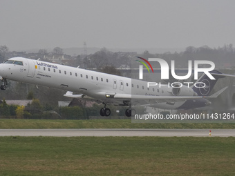 A Lufthansa plane is taking off from the airport tarmac at Lech Walesa Airport (EPGD) in Gdansk, Poland, on April 1, 2024. (