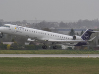 A Lufthansa plane is taking off from the airport tarmac at Lech Walesa Airport (EPGD) in Gdansk, Poland, on April 1, 2024. (