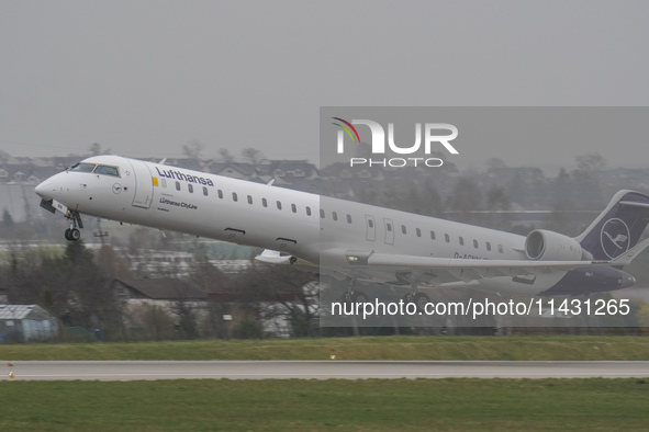 A Lufthansa plane is taking off from the airport tarmac at Lech Walesa Airport (EPGD) in Gdansk, Poland, on April 1, 2024. 