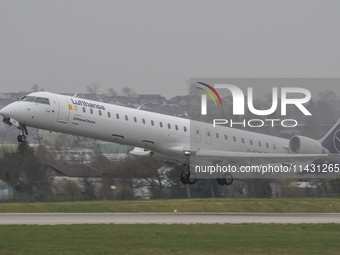 A Lufthansa plane is taking off from the airport tarmac at Lech Walesa Airport (EPGD) in Gdansk, Poland, on April 1, 2024. (