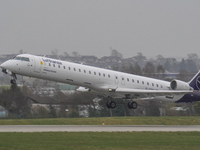 A Lufthansa plane is taking off from the airport tarmac at Lech Walesa Airport (EPGD) in Gdansk, Poland, on April 1, 2024. (