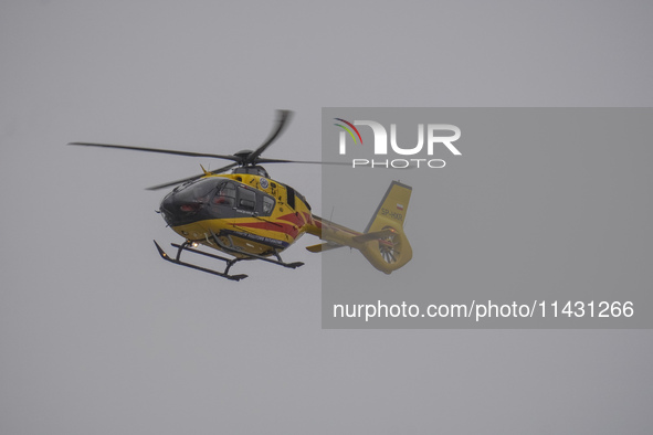 An air ambulance (LPR) Eurocopter helicopter is being seen at Lech Walesa Airport (EPGD) in Gdansk, Poland, on April 1, 2024. 