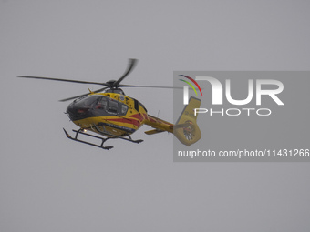 An air ambulance (LPR) Eurocopter helicopter is being seen at Lech Walesa Airport (EPGD) in Gdansk, Poland, on April 1, 2024. (