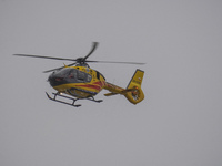 An air ambulance (LPR) Eurocopter helicopter is being seen at Lech Walesa Airport (EPGD) in Gdansk, Poland, on April 1, 2024. (