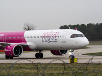 A Wizz Air plane is taxiing on the airport tarmac at Lech Walesa Airport (EPGD) in Gdansk, Poland, on April 1, 2024. (