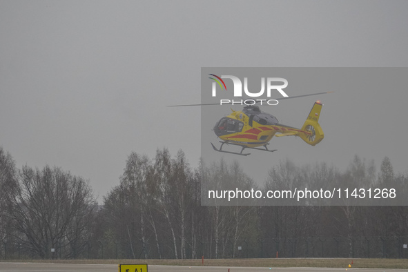 An air ambulance (LPR) Eurocopter helicopter is being seen at Lech Walesa Airport (EPGD) in Gdansk, Poland, on April 1, 2024. 