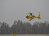 An air ambulance (LPR) Eurocopter helicopter is being seen at Lech Walesa Airport (EPGD) in Gdansk, Poland, on April 1, 2024. (