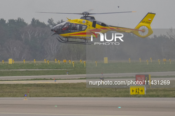 An air ambulance (LPR) Eurocopter helicopter is being seen at Lech Walesa Airport (EPGD) in Gdansk, Poland, on April 1, 2024. 