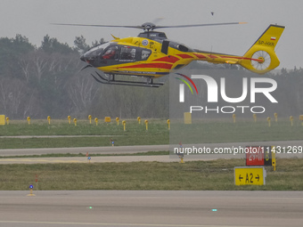 An air ambulance (LPR) Eurocopter helicopter is being seen at Lech Walesa Airport (EPGD) in Gdansk, Poland, on April 1, 2024. (