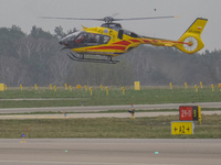 An air ambulance (LPR) Eurocopter helicopter is being seen at Lech Walesa Airport (EPGD) in Gdansk, Poland, on April 1, 2024. (