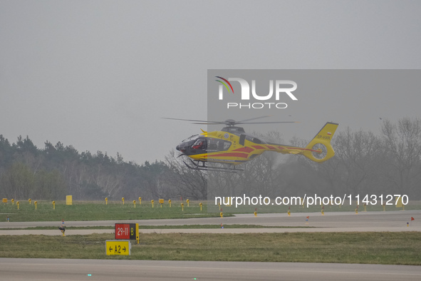 An air ambulance (LPR) Eurocopter helicopter is being seen at Lech Walesa Airport (EPGD) in Gdansk, Poland, on April 1, 2024. 