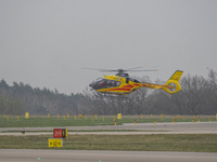 An air ambulance (LPR) Eurocopter helicopter is being seen at Lech Walesa Airport (EPGD) in Gdansk, Poland, on April 1, 2024. (