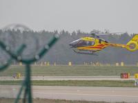 An air ambulance (LPR) Eurocopter helicopter is being seen at Lech Walesa Airport (EPGD) in Gdansk, Poland, on April 1, 2024. (