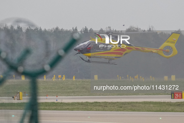 An air ambulance (LPR) Eurocopter helicopter is being seen at Lech Walesa Airport (EPGD) in Gdansk, Poland, on April 1, 2024. 