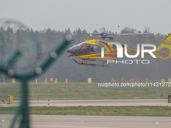 An air ambulance (LPR) Eurocopter helicopter is being seen at Lech Walesa Airport (EPGD) in Gdansk, Poland, on April 1, 2024. (