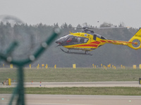 An air ambulance (LPR) Eurocopter helicopter is being seen at Lech Walesa Airport (EPGD) in Gdansk, Poland, on April 1, 2024. (