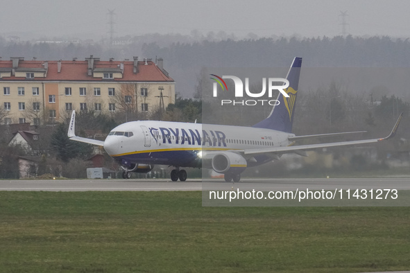 A Ryanair plane is taxiing on the airport tarmac at Lech Walesa Airport (EPGD) in Gdansk, Poland, on April 1, 2024. 