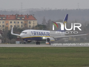 A Ryanair plane is taxiing on the airport tarmac at Lech Walesa Airport (EPGD) in Gdansk, Poland, on April 1, 2024. (